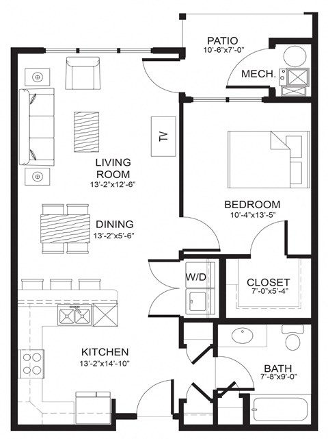 Floor plan for 1 bed, 1 bath, 730 sqft